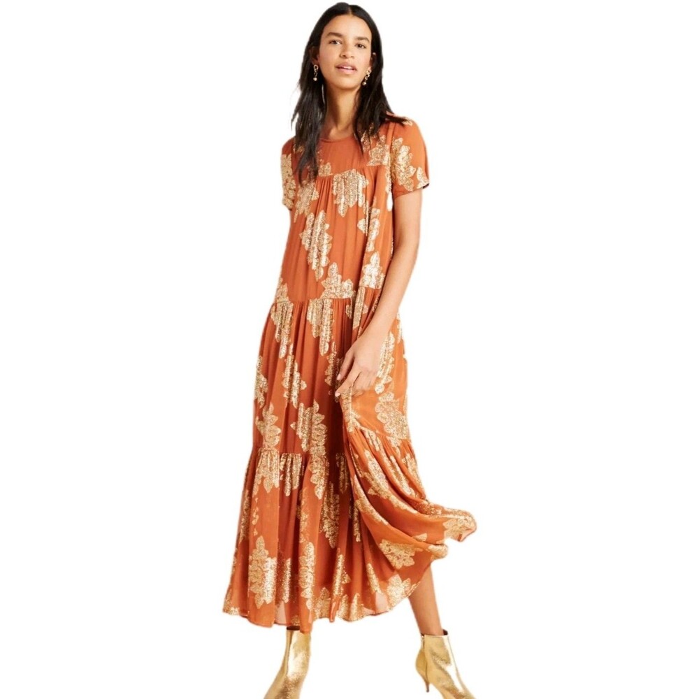 Anthropologie Jocasta burnt orange viscose  metallic gold tiered maxi dress S